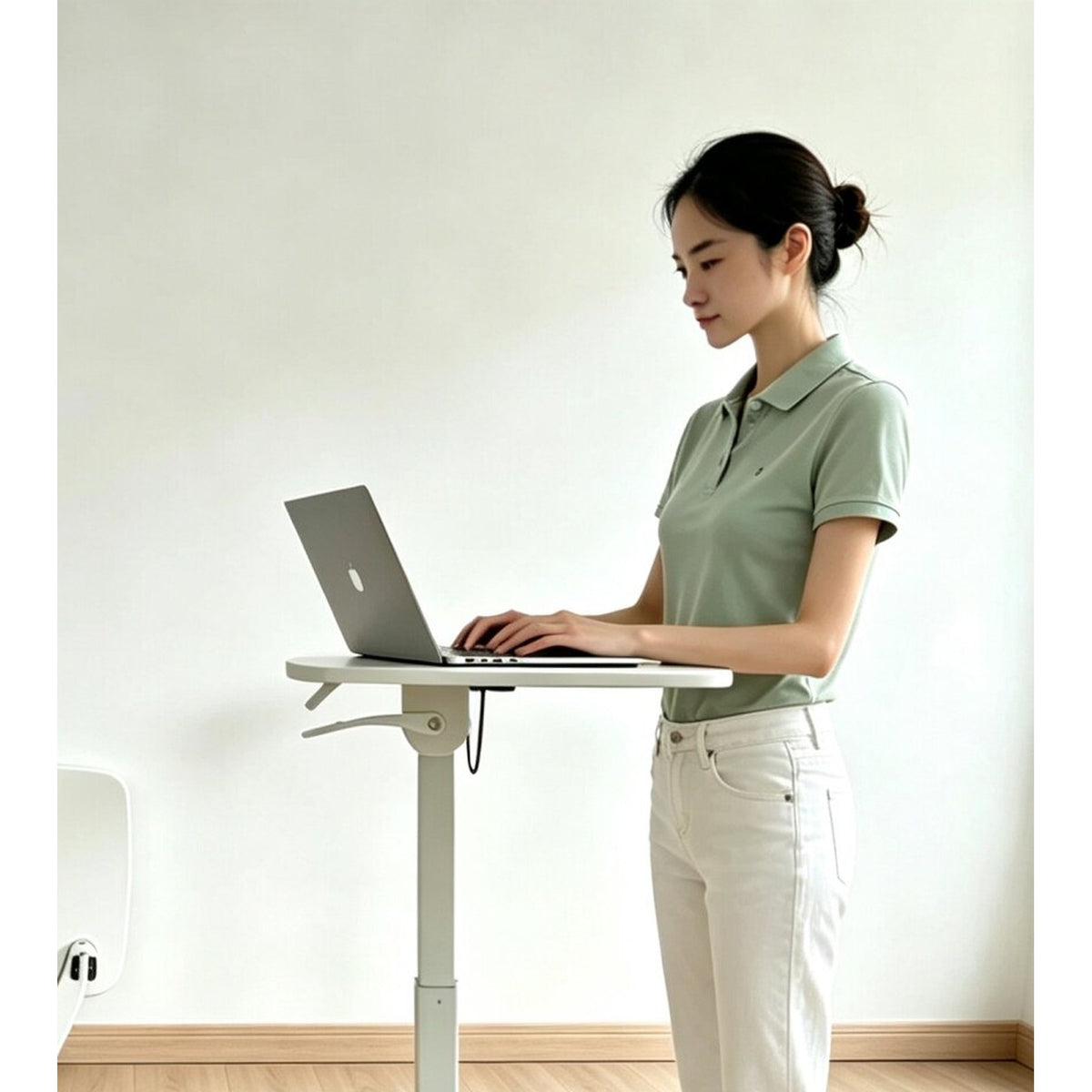 HomeWorker MoveDesk 摺疊升降流動工作枱－白色蝴蝶型底座（萬向輪） 密度板