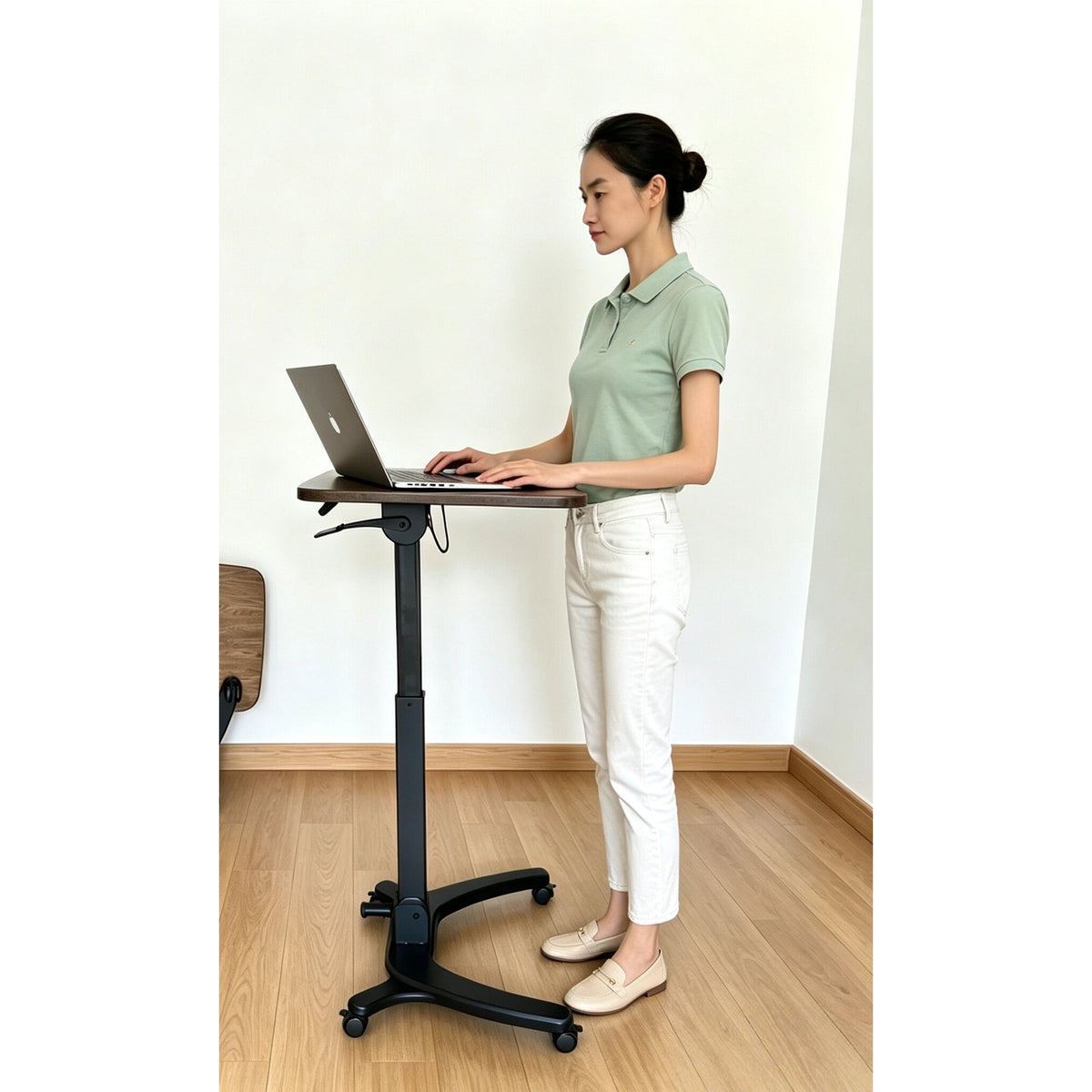 HomeWorker MoveDesk 摺疊升降流動工作枱－白橡木胡桃色蝴蝶型底座（萬向輪） 實木